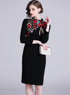Hepburn Style Standing Collar Embroidered Bodycon Dress