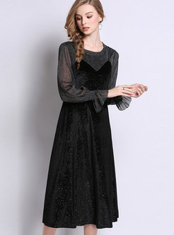 Black Vintage Flare Sleeve Plus Size Velvet Dress