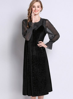 Black Vintage Flare Sleeve Plus Size Velvet Dress