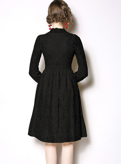 Standing Collar High Waist Knee-length Lace A Line Dress