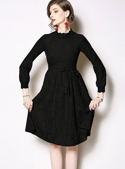 Standing Collar High Waist Knee-length Lace A Line Dress