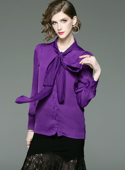 Tops | Blouses | Chic Purple Tie-neck Bowknot Slim Long Sleeve Blouse