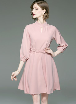 Sweet Pink Crew-neck Belted Cinched A Line Dress