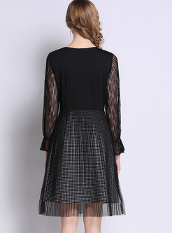 Black Lace Stitching Square Neck Skater Dress