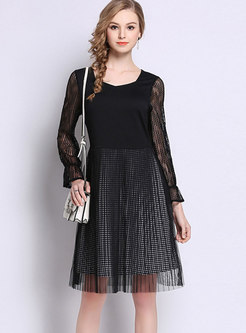 Black Lace Stitching Square Neck Skater Dress