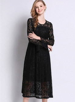 Black Lace Paneled Long Sleeve Hollow Out Dress