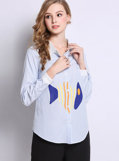 Chic Turn-down Collar Pinstriped Blouse With Embroidery 