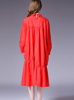 Fashion Red Turn-down Collar Cotton Shift Dress