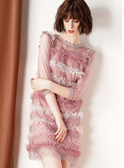 Sweet Pink Mesh Splicing Falbala Mini Dress