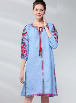 Ethnic O-neck Half Sleeve Tied Embroidered Slit Dress