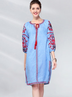 Ethnic O-neck Half Sleeve Tied Embroidered Slit Dress