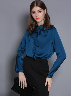 Trendy Solid Color Standing Collar Falbala Blouse