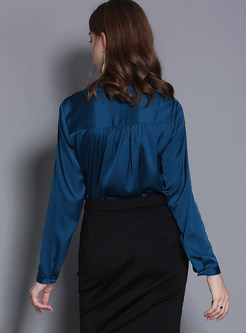 Trendy Solid Color Standing Collar Falbala Blouse