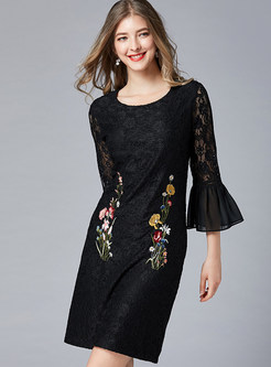 Fashion Flare Sleeve Embroidered Mini Bodycon Dress