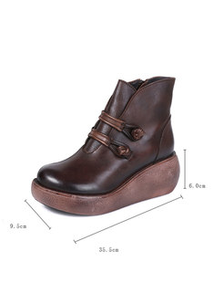 Retro Women Winter Genuine Leather Wedge Heel Boots
