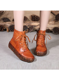 Retro Flat Heel Lace Up Leather Ankle Boots