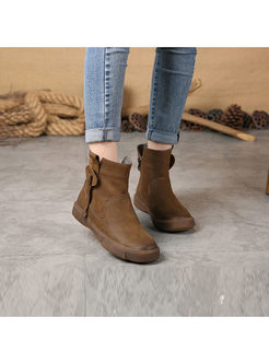 Chic Flat Heel Round Toe Leather Ankle Boots