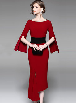 Red Flare Sleeve Asymmetric Hem Sheath Dress