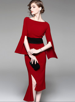 Red Flare Sleeve Asymmetric Hem Sheath Dress