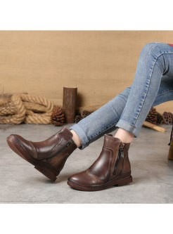 Vintage Cowhide Leather Wedge Heel Zipper Warm Boots