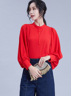 Standing Collar Lantern Sleeve Single-breasted Blouse
