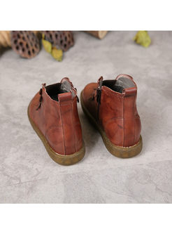 Vintage Cowhide Leather Round Toe Stereoscopic Flower Casual Boots