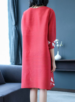 Trendy Solid Color Crew-neck Long Sleeve Print Dress