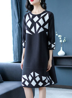 Trendy Solid Color Crew-neck Long Sleeve Print Dress