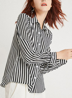 Black Striped Turn-down Collar Single-breasted Blouse