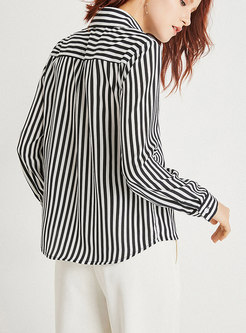 Black Striped Turn-down Collar Single-breasted Blouse