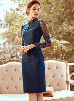 Elegant Lake Blue Standing Collar Beaded Lace Dress