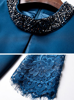 Elegant Lake Blue Standing Collar Beaded Lace Dress