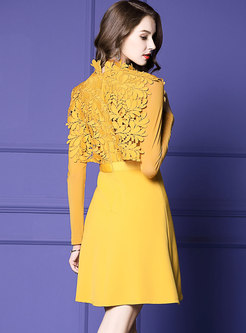 Stylish Yellow Lace Splicing High Waist A Line Dress