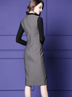 Fashion Grey Sleeveless V-neck Beaded Bodycon Dress