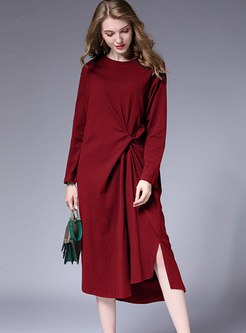 Stylish Solid Color O-neck Long Sleeve Asymmetric Dress