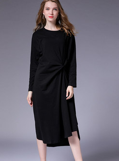 Casual Solid O-neck Long Sleeve Asymmetric Dress