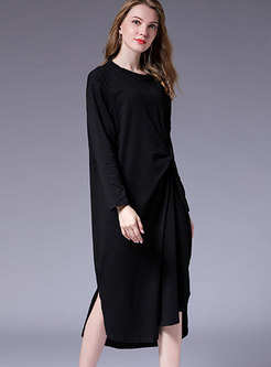 Casual Solid O-neck Long Sleeve Asymmetric Dress