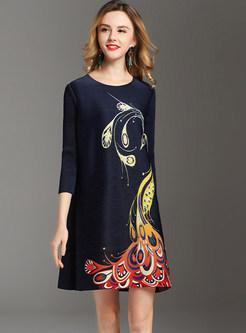 Casual Loose Print Pleated Plus Size Shift Dress
