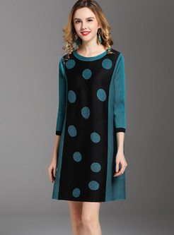 Color-blocked Polka Dot Plus Size Pleated Shift Dress