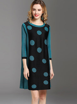 Color-blocked Polka Dot Plus Size Pleated Shift Dress