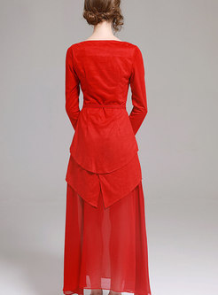 Chic Red Slash Neck Belted Asymmetric Maxi Dress