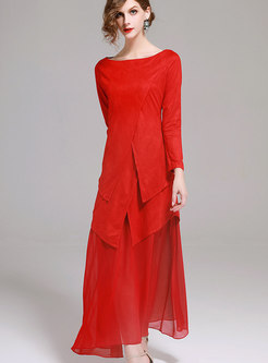 Chic Red Slash Neck Belted Asymmetric Maxi Dress