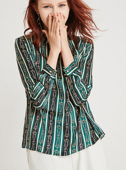 Stylish Green Striped Long Sleeve Pullover Blouse