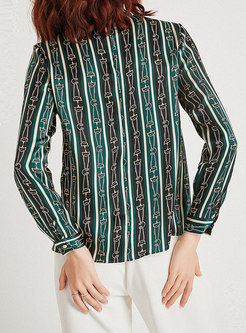 Stylish Green Striped Long Sleeve Pullover Blouse