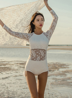 Sexy O-neck Long Sleeve Perspective Lace Swimwear