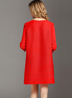 O-neck Plus Size Pleated Print Loose Dress