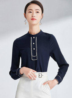Color-blocked Stand Collar Beaded Pullover Chiffon Blouse