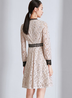 Stylish Color-blocked High Waist Slim Lace Dress