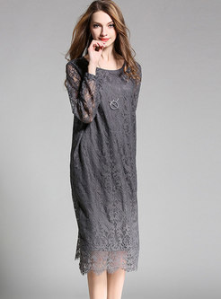 Grey Lace Stitching Crew-neck Knee-length Dress