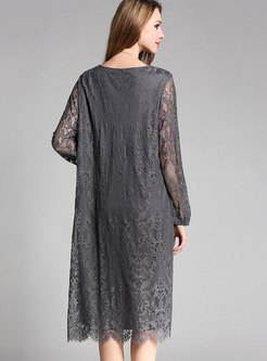 Grey Lace Stitching Crew-neck Knee-length Dress